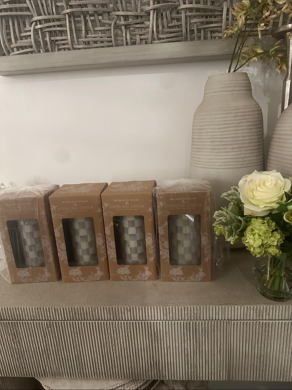 Mackenzie Childs Sterling Check 7 inch Pillar Candles, NIB Set of 4